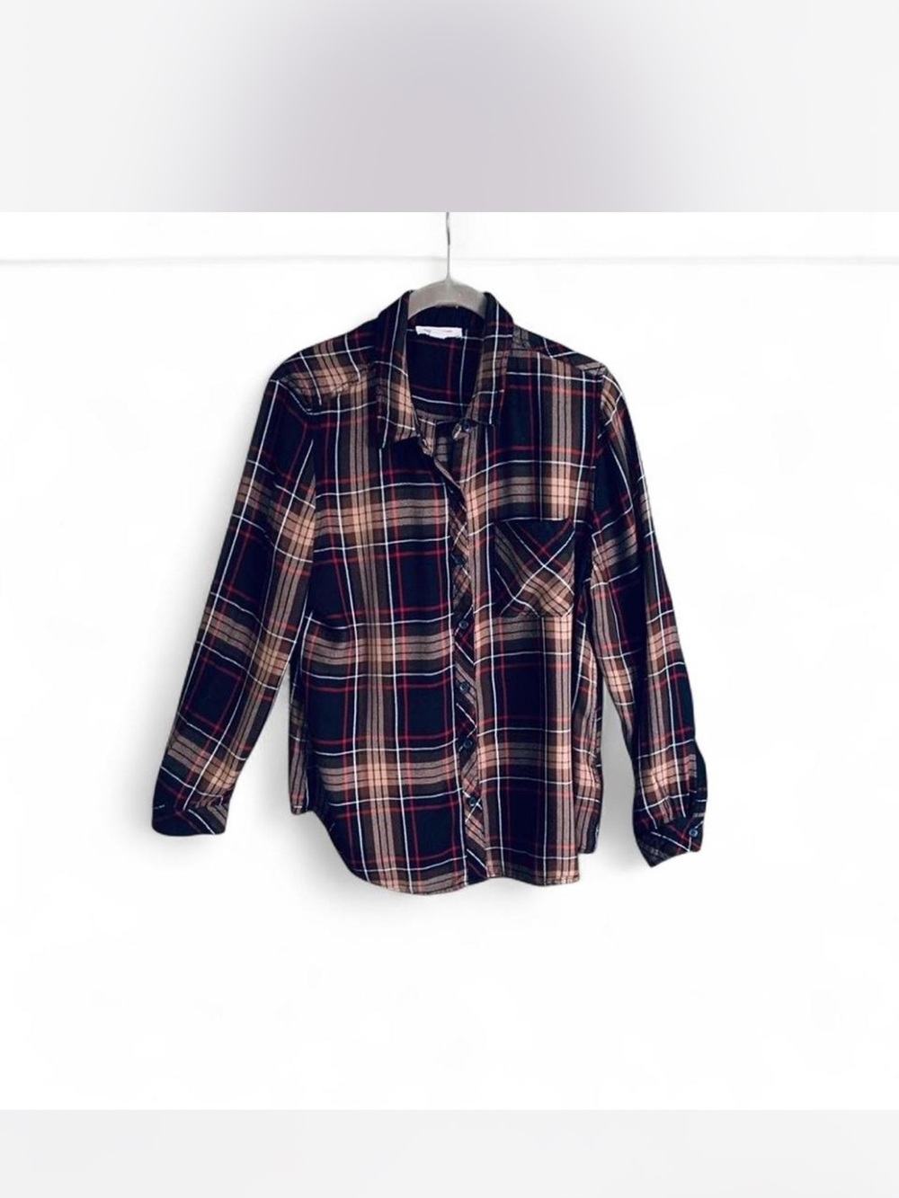 Womens Plaid Brown Black Red Button-Up Shirt size L by Beach Lunch Lounge